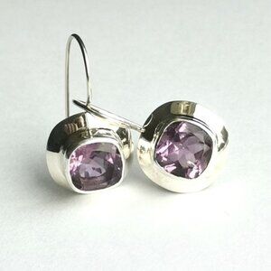 Modernist square cut Amethyst sterling silver drop earrings NEW